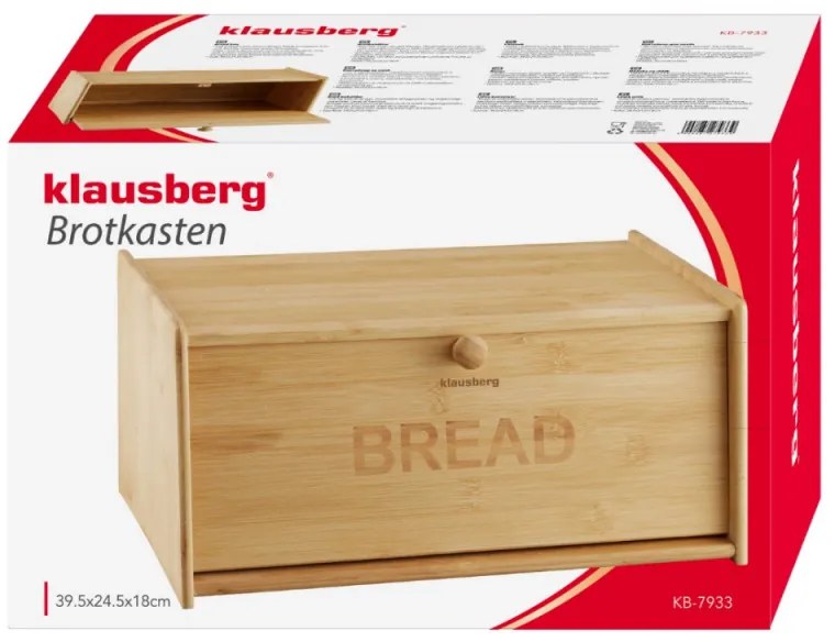 Кутия за хляб Klausberg KB 7933, 39.5 см, Бамбук, Кафяв