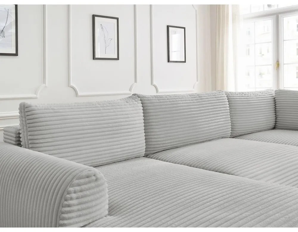 Светлосив разтегателен ъглов диван от рипсено кадифе (ляв ъгъл/"U" форма) Lucien – Bobochic Paris