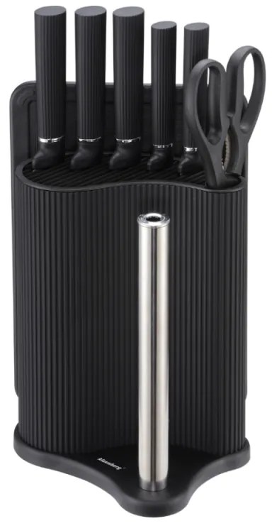 Комплект ножове Klausberg KB 7977, 8 части, Неръждаема стомана, Стойка, Държач за кухненска хартия, Черен
