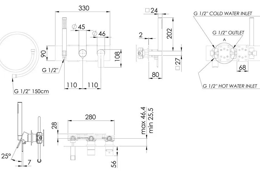 Матово-черна вградена душ батерия (2 изхода) Pax – Sapho