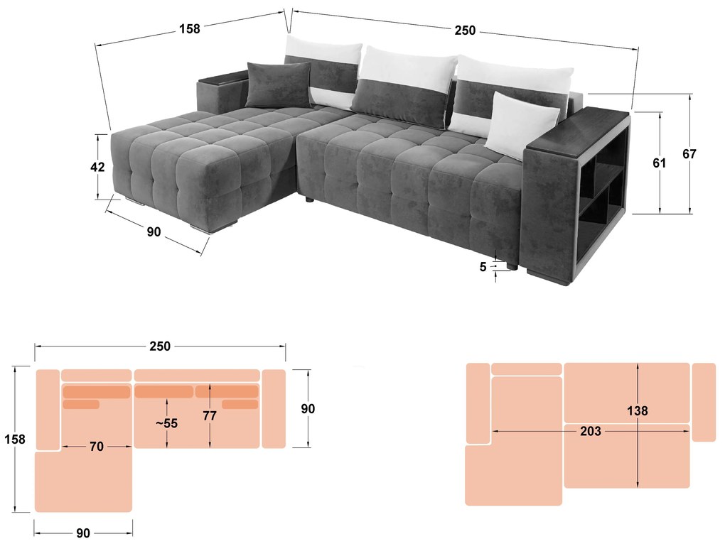 Разтегателен ъглов диван с подлакътник етажерка Мелвин S