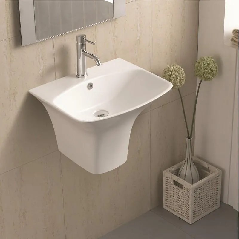 Мивка за баня ICC 5646, Inter Ceramic, стенен монтаж, с отвор за смесител и преливник, порцелан, бял, 56x46x37.5см