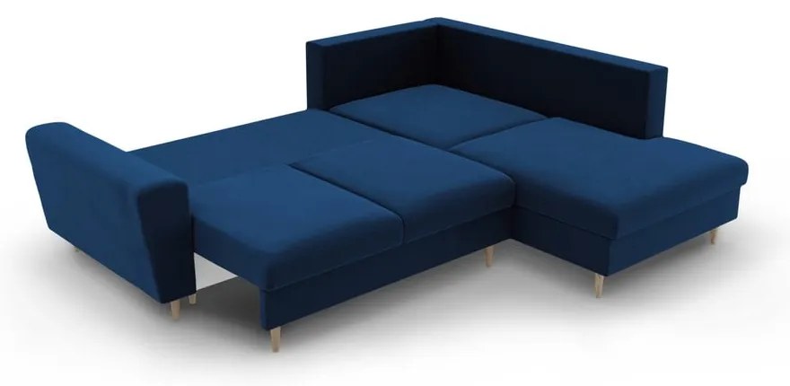 Син кадифен разтегателен ъглов диван с място за съхранение (десен ъгъл/L форма) Kyoto – Cosmopolitan Design