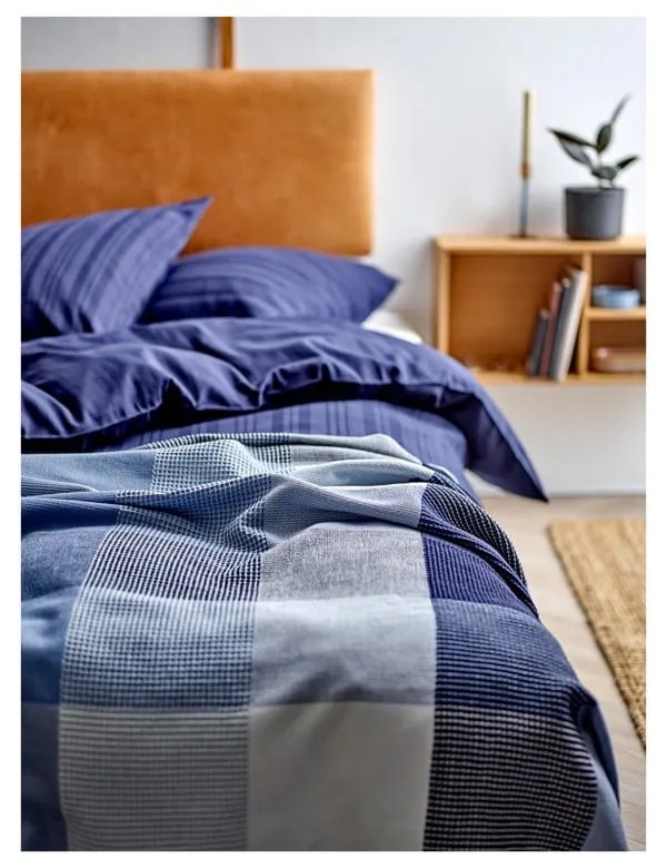 Тъмносиньо единично удължено спално бельо от дамаск 140x220 cm Noble – Södahl