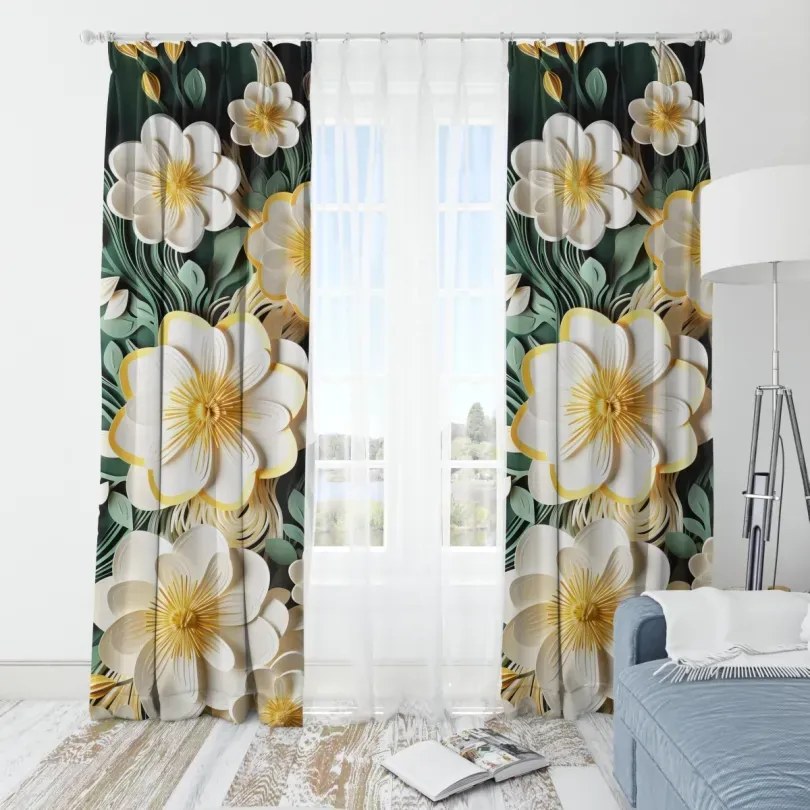 Декоративна черна завеса с отличителни бели цветя Ширина: 160 см | Дължина: 250 см