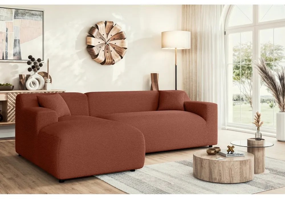 Ъглов диван от рипсено кадифе в тухлен цвят (ляв ъгъл) Martin – Ropez