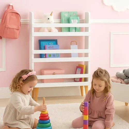 Детски рафт за играчки и книги - бял, 3 рафта