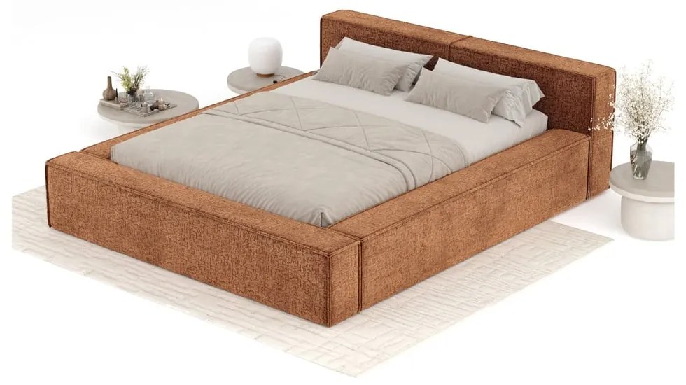 Оранжево двойно легло 160x200 cm тапицирано с място за съхранение с включена подматрачна рамка Voliera – Maison de Rêve