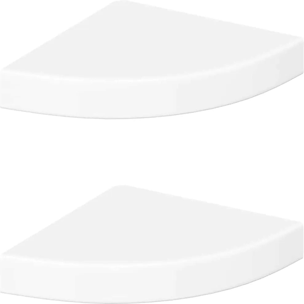 323887 vidaXL Плаващи ъглови рафтове, 2 бр., бяло, гланц, 25x25x3,8 см, MDF