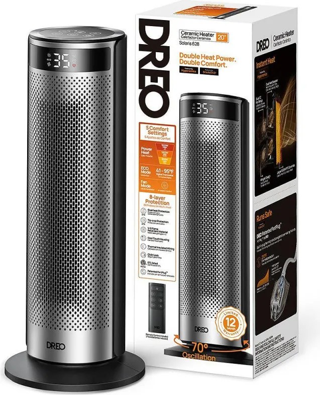 Вентилаторна печка DREO Solaris 628, 2000W, До 25 м2, 5 режима, 5-35C, HeatShield360, Таймер, Черен/Сив