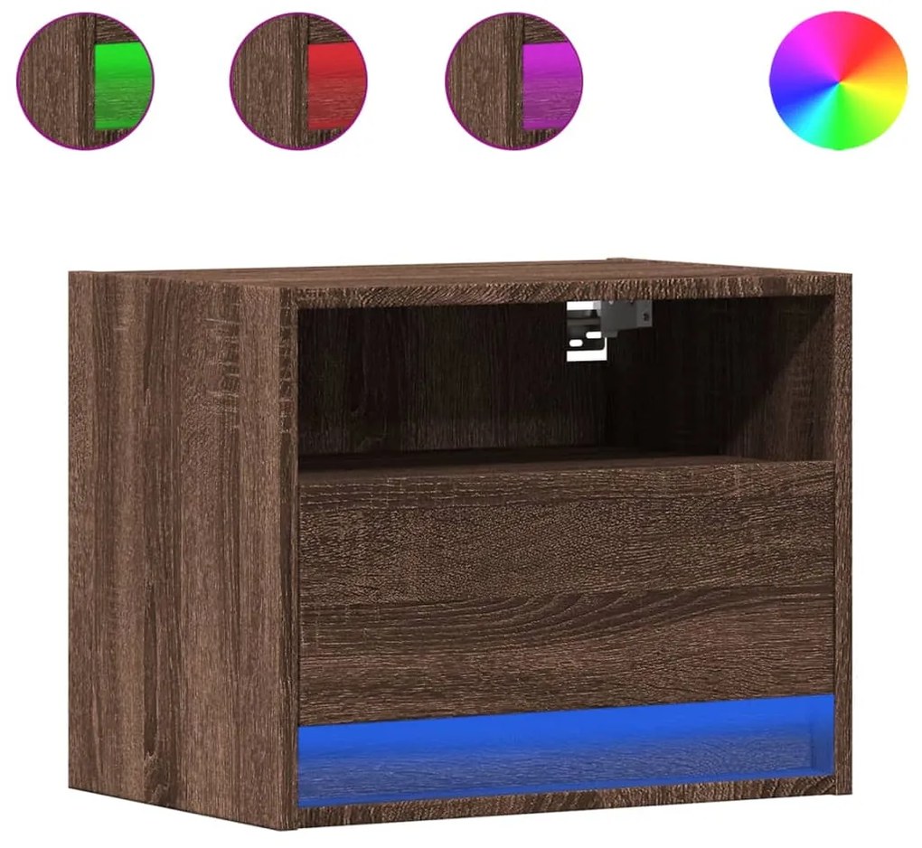 852074 vidaXL Нощни шкафчета за стена с LED осветление, 2 бр, кафяв дъб