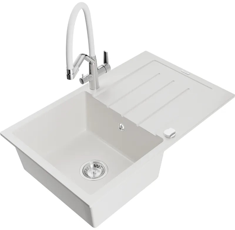 Mexen Bruno гранитна мивка с 1 камера с отцедник и кухненски смесител Duo, бял