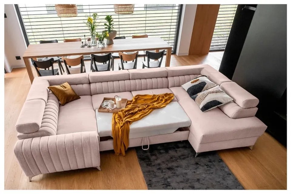 Розов разтегателен ъглов диван с място за съхранение (десен ъгъл U форма) Louis – ELTAP