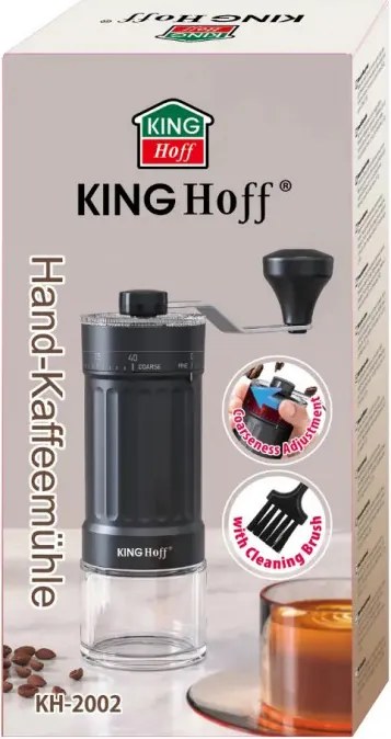 Ръчна кафемелачка Kinghoff KH 2002, 30 г, Керамичен механизъм, Безстепенно регулиране на фиността на смилане, Черен