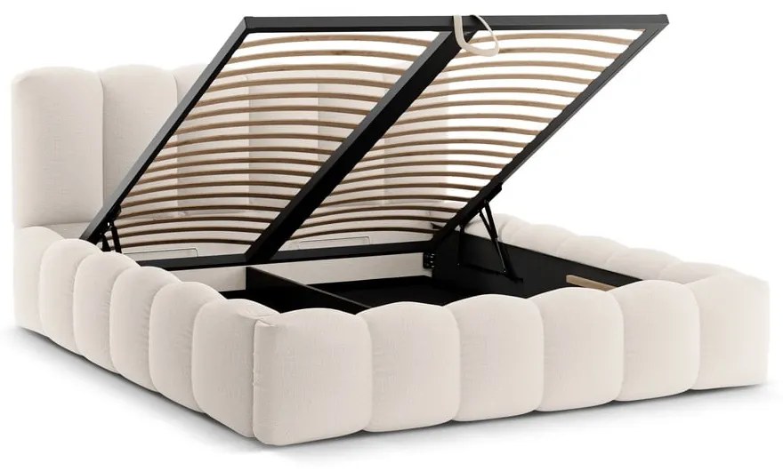 Кремаво двойно тапицирано легло с място за съхранение с включена подматрачна рамка 160x200 cm Lupine – Micadoni