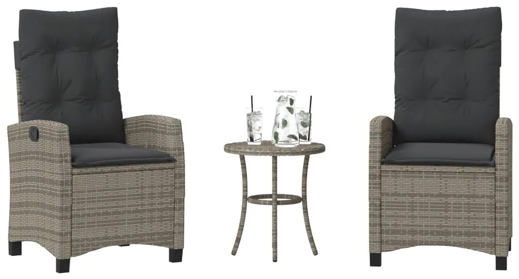 365227 vidaXL Бистро комплект с възглавници 3 части сив полиратан