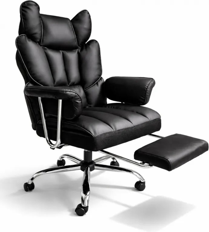 Луксозен офис стол RELAX PRO с поставка за крака - черна екокожа