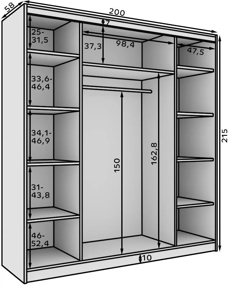 Гардероб Hansa 200 с плъзгащи врати-Черен-Бял