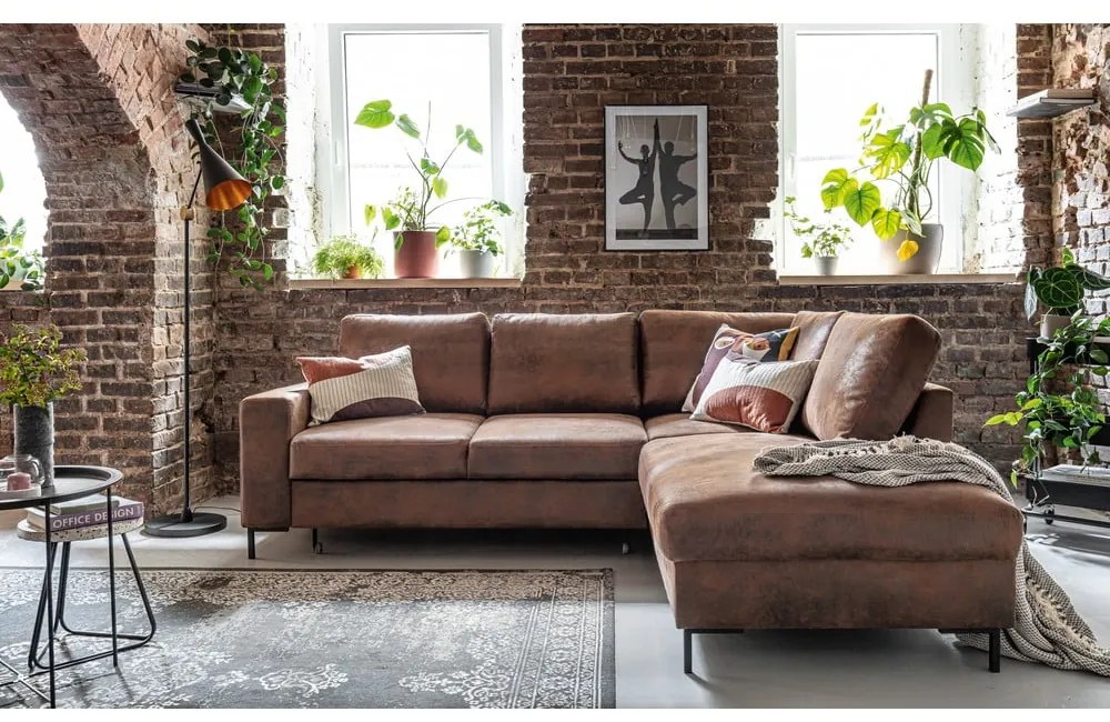Кафяв разтегателен ъглов диван от изкуствена кожа (десен ъгъл) Lofty Lilly – Miuform