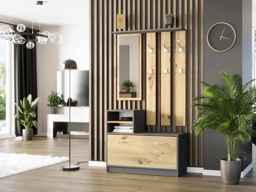 Практичен гардероб за антре с огледало и поставка за обувки 90 x 160 cm artisan mix antracit