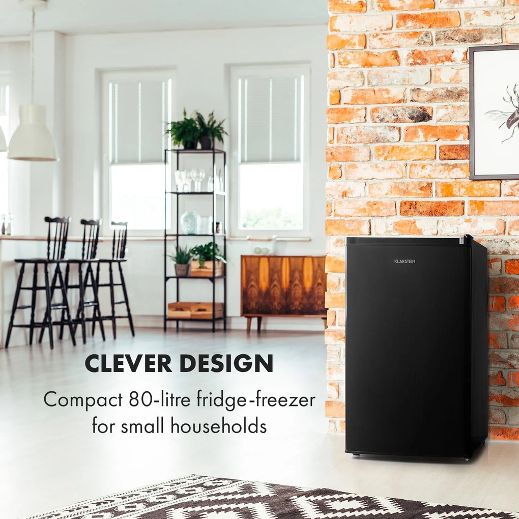 Klarstein Cool Cousin, хладилник с фризер, 70/11 литра, 40 dB, E, черен