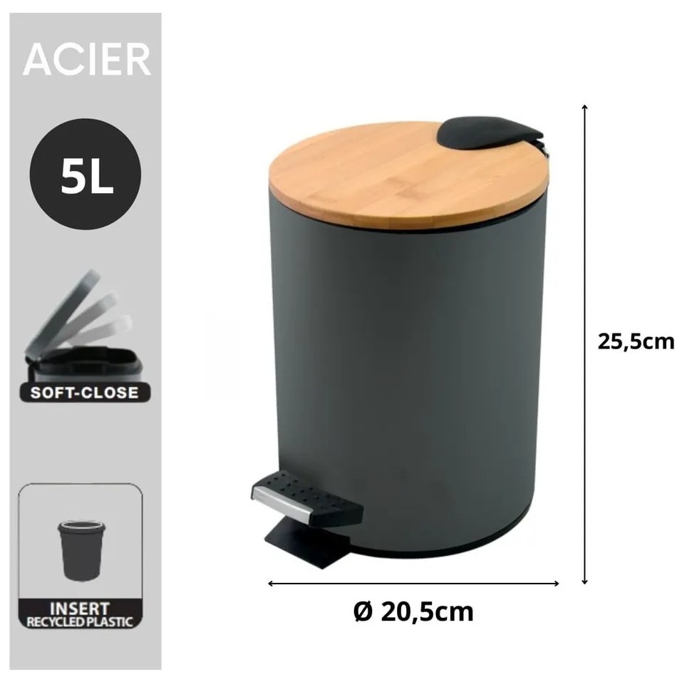 Тъмносиво стоманено кошче за боклук с педал 5 l Adonis – Spirella