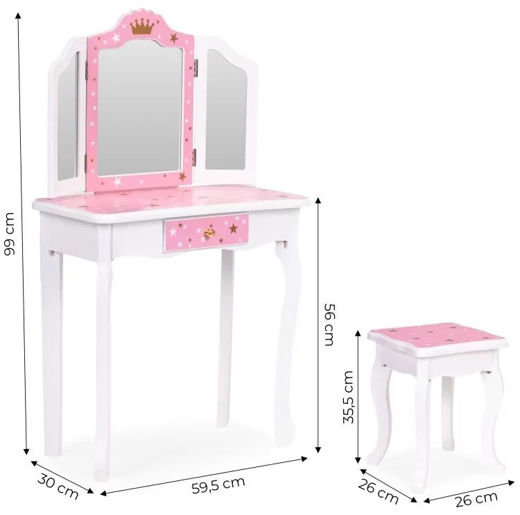 Детска козметична масичка с тройно огледало и табуретка
