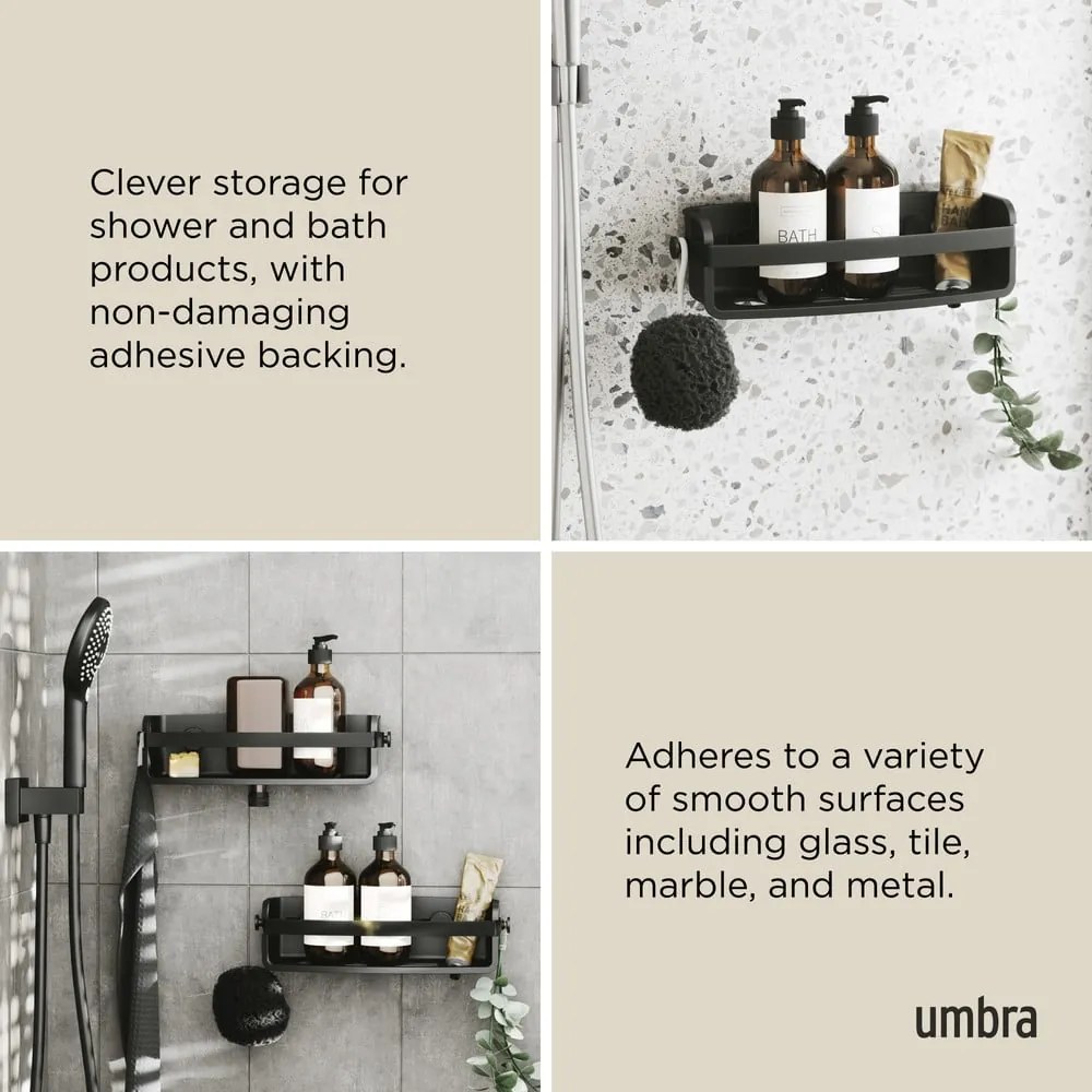 Черен пластмасов рафт за баня без пробиване Flex Adhesive – Umbra