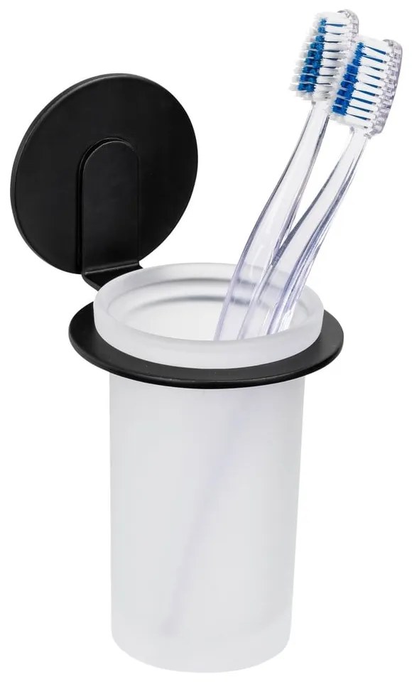 Матово черна самозалепваща стъклена чаша за четки за зъби Bivio – Wenko