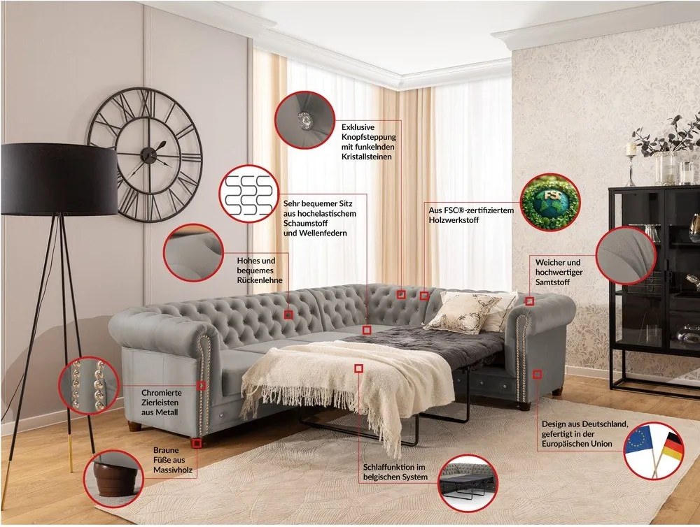 Сив кадифен разтегателен ъглов диван (десен ъгъл L форма) York Blik – Ropez