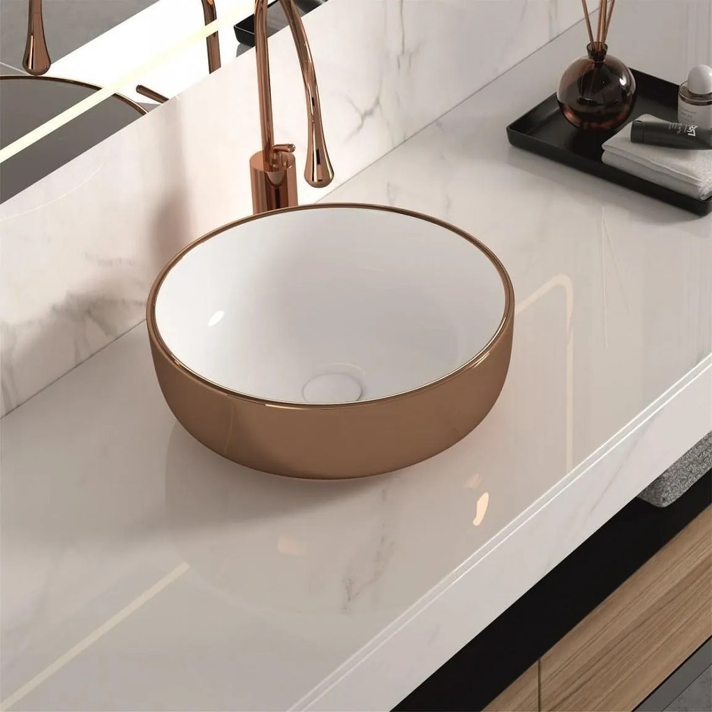 Мивка за баня ICB 875RG, монтаж върху плот, порцелан, розово злато, 41.5x41.5x13.5см