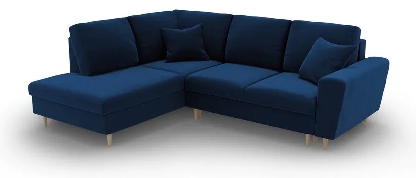 Син кадифен разтегателен ъглов диван с място за съхранение (ляв ъгъл/L форма) Kyoto – Cosmopolitan Design