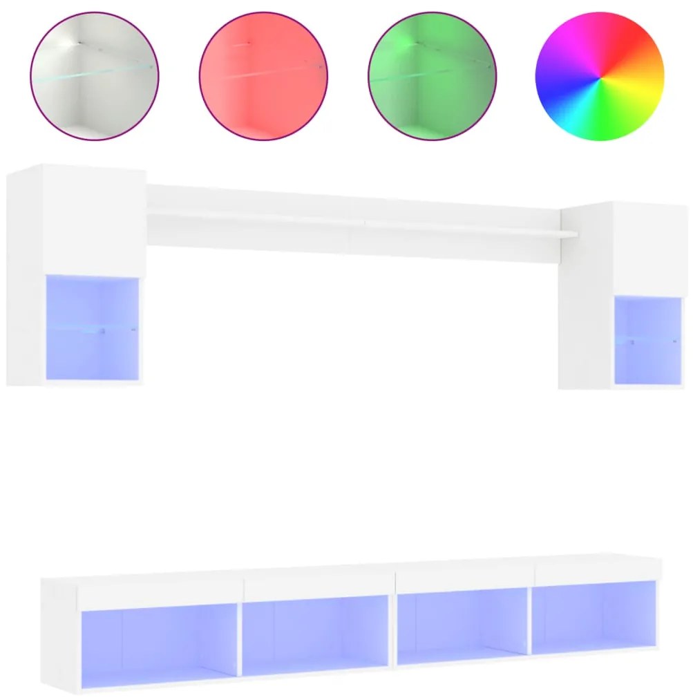 3216686 vidaXL ТВ стенни модули с LED, 6 части, бели, инженерно дърво