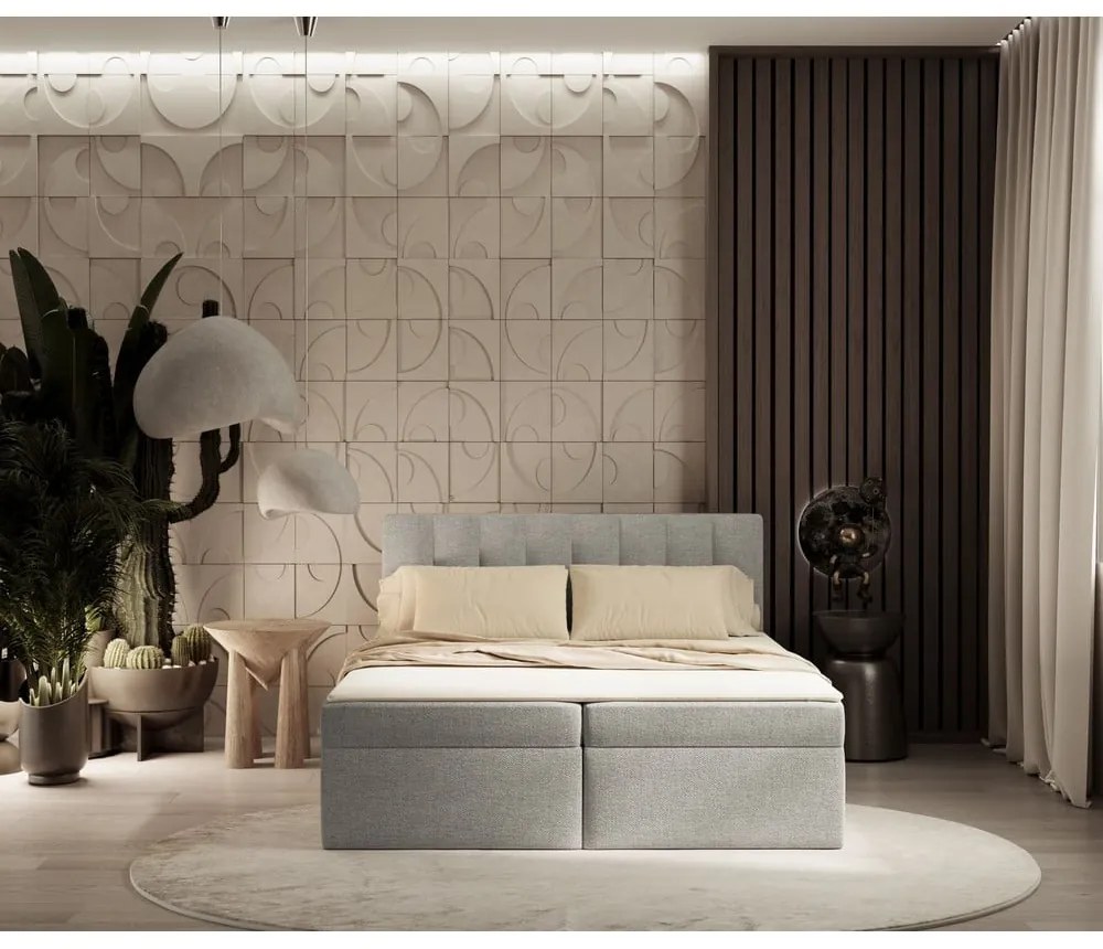 Светлосиво боксспринг легло с място за съхранение 180x200 cm Novento – Maison de Rêve