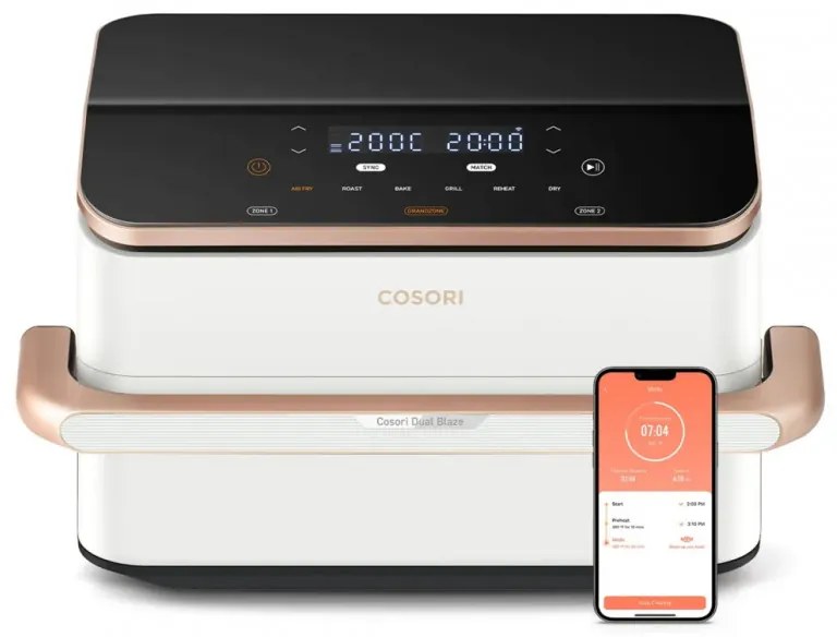 Двоен фритюрник с горещ въздух Cosori Dual Blaze TwinFry CAF-TF101S, 10 л, 6 програми, 35-240 C, Таймер, ThermoIQ, Синхронизирано готвене и приключване, Бял