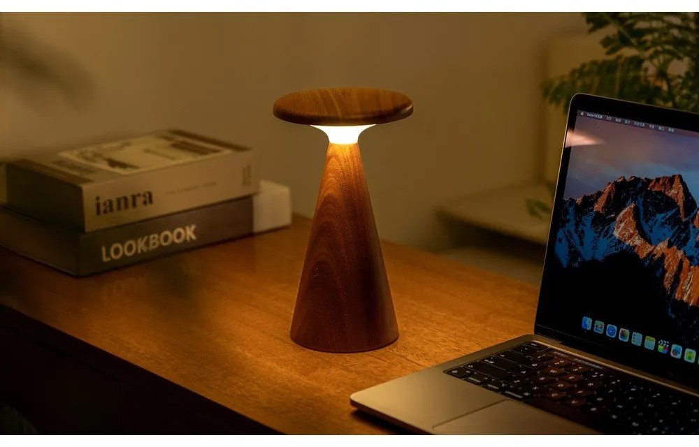 LED настолна лампа в тъмно естествен цвят с дървен абажур (височина 21 cm) Sylva – Gingko