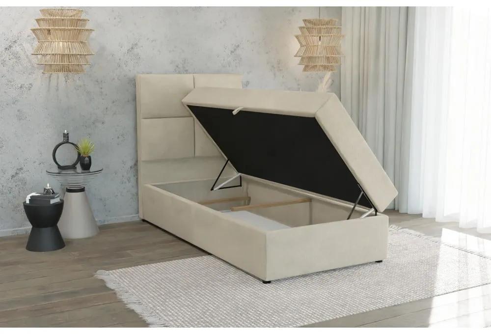 Бежово единично тапицирано легло с място за съхранение с включена подматрачна рамка 90x200 cm Lena – Ropez