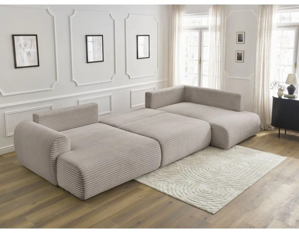 Светлосив/бежов сгъваем/с място за съхранение ъглов диван от рипсено кадифе (десен ъгъл/U форма) Lucien – Bobochic Paris