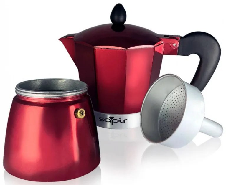 Кубинска кафеварка SAPIR SP 1173 с предпазен клапан, класически дизайн и качество - 3 чаши / Червен