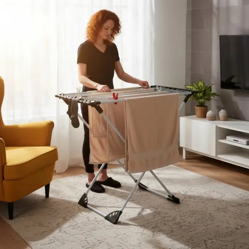 Сгъваем сушилник за дрехи Kinghoff KH 2042, 20 м, До 20 кг, Регулируема дължина, Противоплъзгащи накрайници, Бял/черен