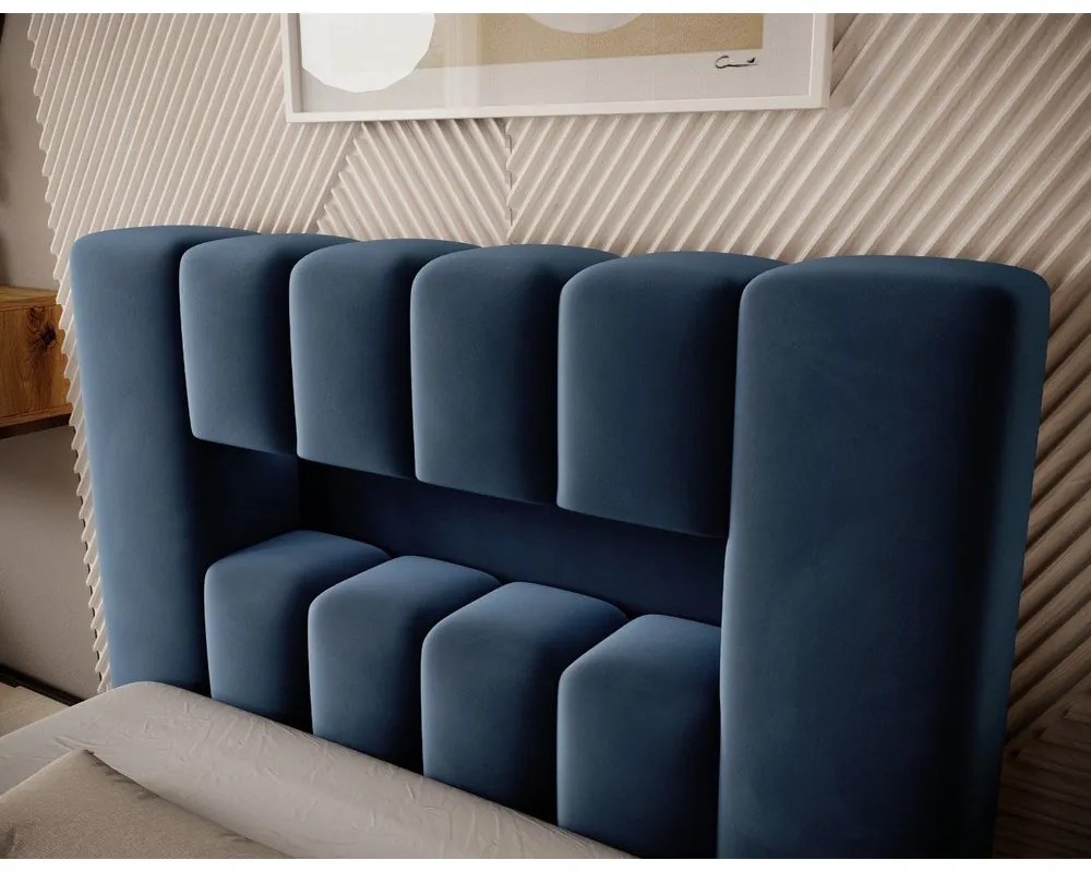 Тъмносиньо единично тапицирано легло с място за съхранение и включена подматрачна рамка 90x200 cm Lamica – ELTAP