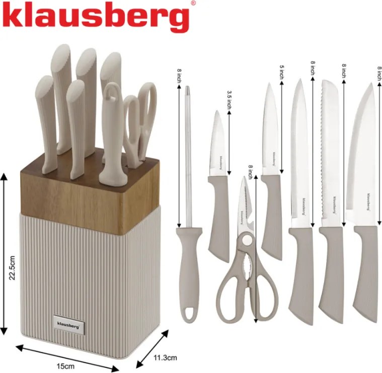 Комплект ножове Klausberg KB 7984, 8 части, Неръждаема стомана, Точило, Стойка от акациево дърво, Бежов/дървесен