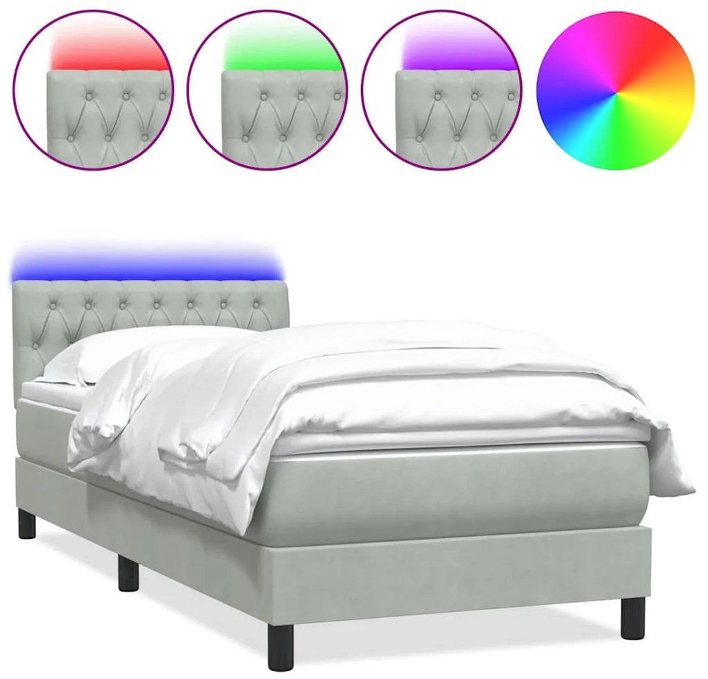 3317157 vidaXL Боксспринг легло с матрак и LED, светлосиво, 100x210 см, кадифе