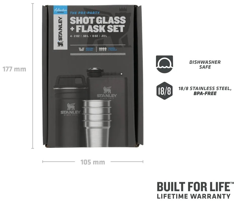Черен комплект колба и чаши за шотове 6 бр. от неръждаема стомана 250 ml Adventure Black – Stanley