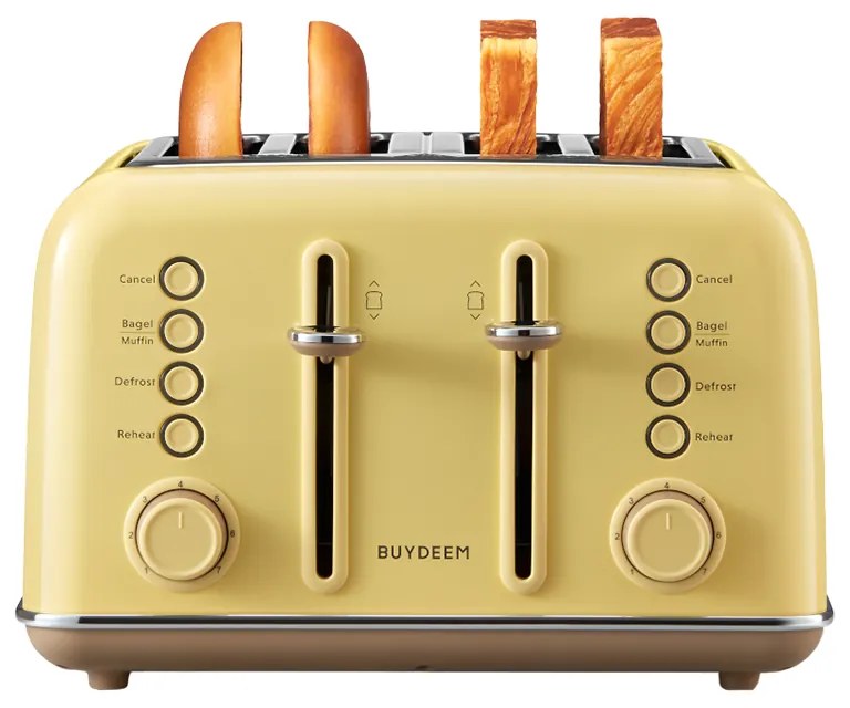Тостер за хляб BUYDEEM DT640E, 1800W, 4 слота, 7 автоматични програми, 7 степени на препичане, LED индикатори, Тави за трохички, Високо изскачане, Жълт