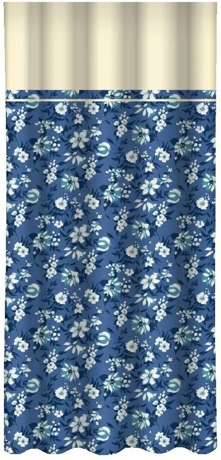 Синя завеса с принт на бели и сини цветя и кремав кант Ширина: 160 см | Дължина: 270 см