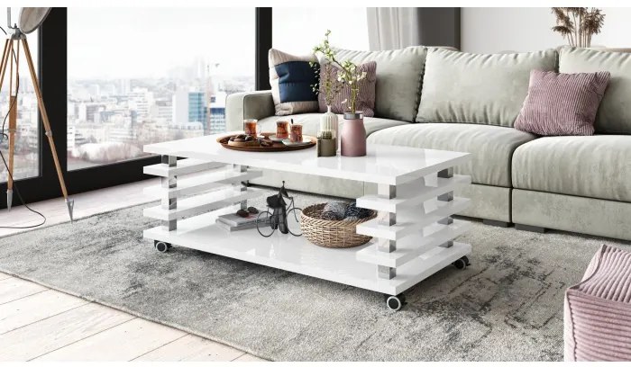 ПОРТО Бял гланц - МОДЕРНА ХОЛНА МАСА С ЛАМЕЛИ 2в1 С КОЛЕЛА/КРАКА