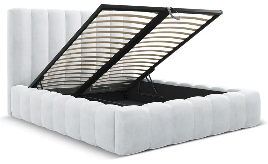 Светлосиво тапицирано двойно легло с място за съхранение с включена подматрачна рамка 180x200 cm Kelp – Micadoni Home