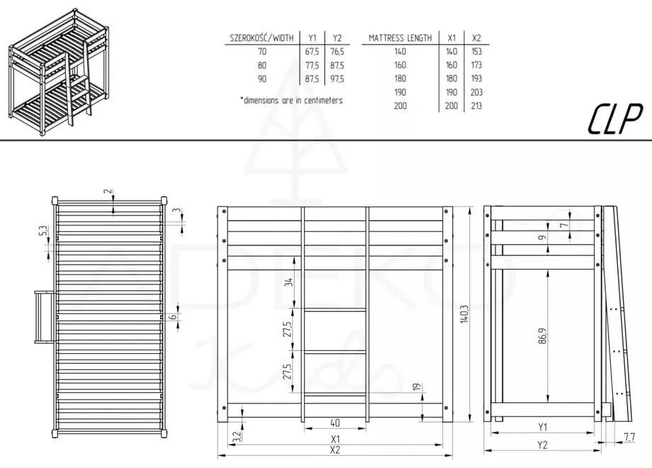 Двуетажно легло от борова дървесина 70x160 cm CLP - Adeko