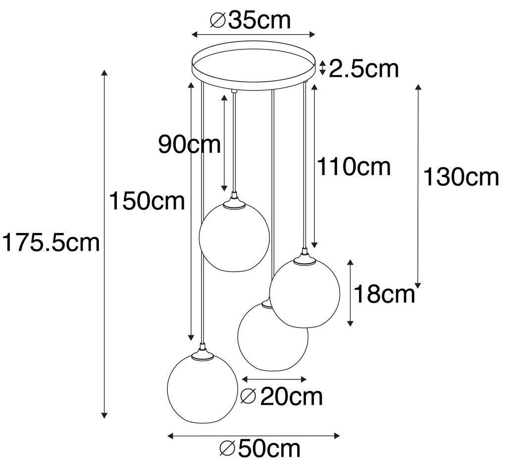 Висяща лампа в стил арт деко черна с опушено стъкло 4-светлина - Wallace